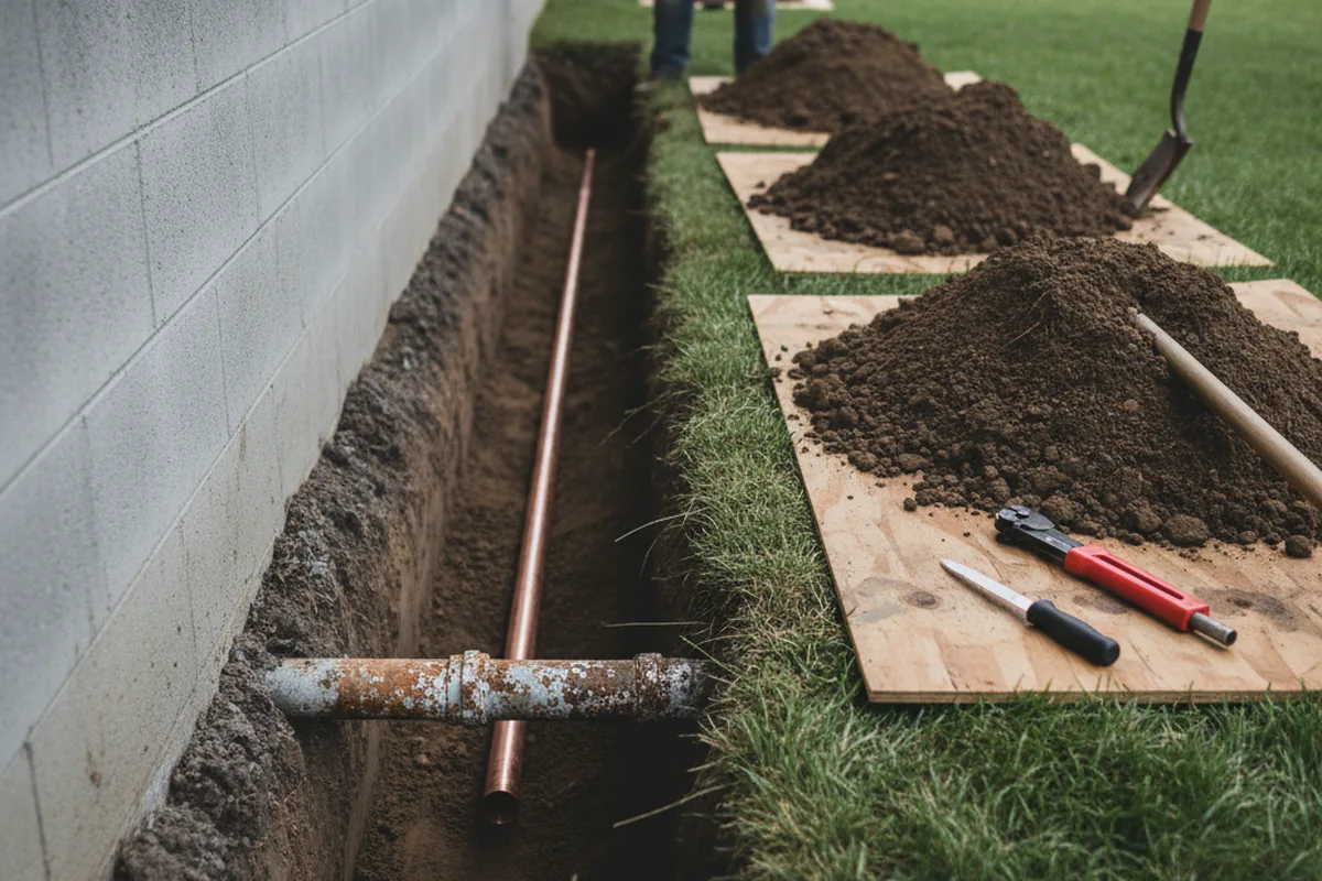 Excavated water line trench during Water Softener Installation in Stillwater